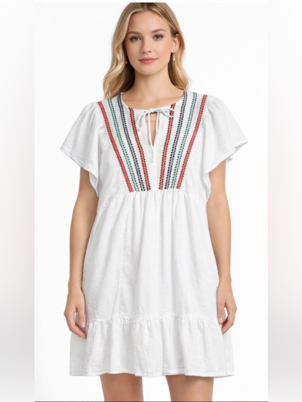 Knox Rose embroidered A-line dress with tie front & short flutter sleeves.  NWT